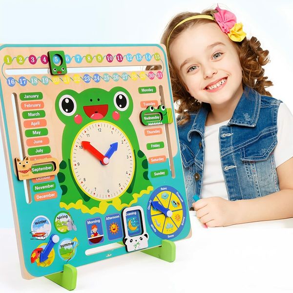 7in1 Montessori Educational Learning Toys, Kids Calendar Multifunctional Wooden Frog Teaching Clock, Weather, Season, Time, Week Toys for Kids 3+