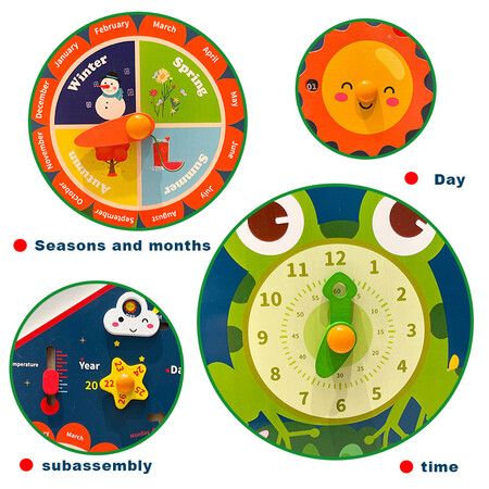 8in1 Montessori Educational Learning Toys, Kids Calendar Wooden Frog Teaching Clock, Weather, Season, Time, Week Toys for Kids 3+