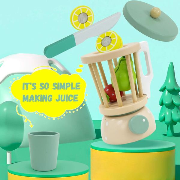 Wooden Juice Blender Toy Sets, 15 Pcs Pretend Play Kitchen Utensils Set, Pretend Cutting Fruits, Mixer Smoothie Maker Toy