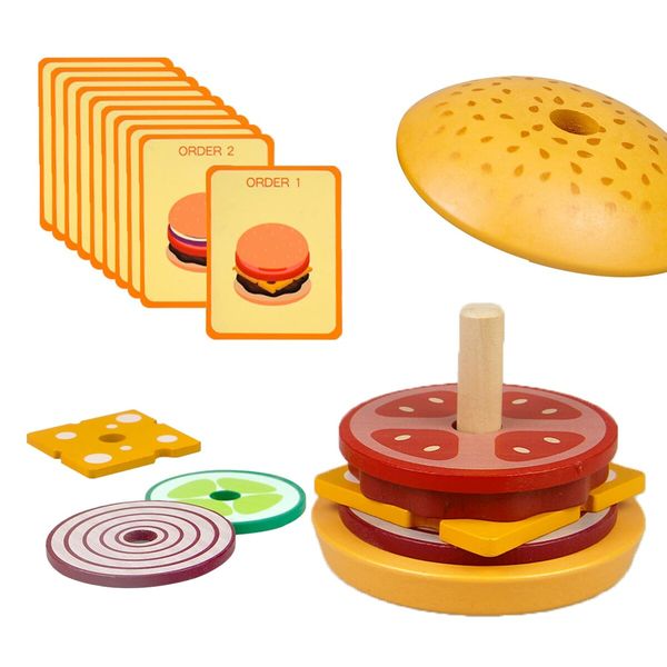 Wooden Sandwich Stacking Toys, Montessori Toys with Flash Cards Burger  Food Early Educational Preschool Study for Birthday Gift Xmas Party School