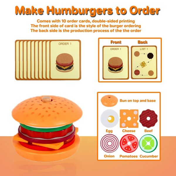 Wooden Sandwich Stacking Toys, Montessori Toys with Flash Cards Burger  Food Early Educational Preschool Study for Birthday Gift Xmas Party School