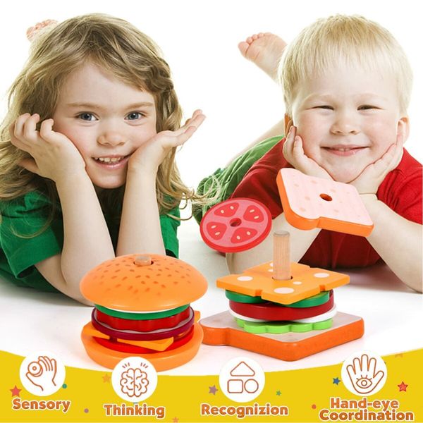 Wooden Sandwich Stacking Toys, Montessori Toys with Flash Cards Sandwich Food  Early Educational Preschool Study for Birthday Gift Xmas Party School