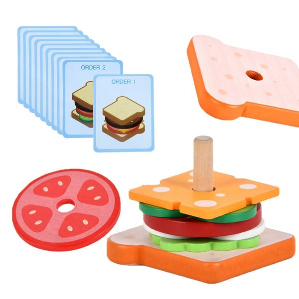 Wooden Sandwich Stacking Toys, Montessori Toys with Flash Cards Sandwich Food  Early Educational Preschool Study for Birthday Gift Xmas Party School