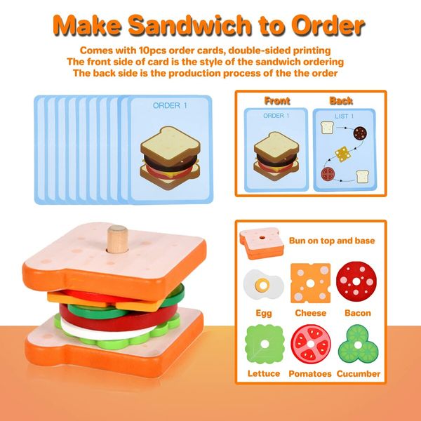 Wooden Sandwich Stacking Toys, Montessori Toys with Flash Cards Sandwich Food  Early Educational Preschool Study for Birthday Gift Xmas Party School