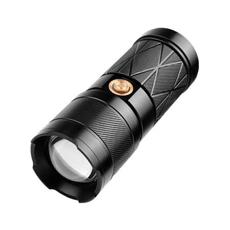 USB Recharging Flashlight, Skidproof Battery Indicator Micro Lamp Sturdy Outdoor Lighting Camping Hiking Defend