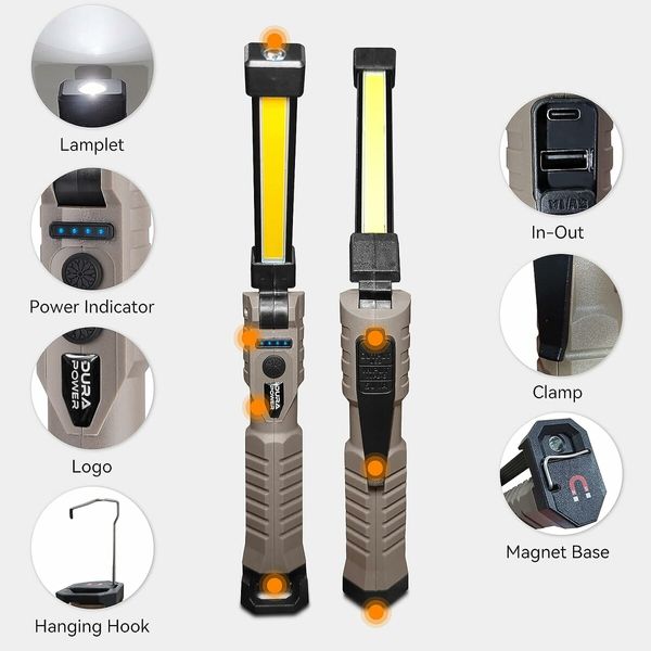 Rechargeable LED Work Light, Automotive Foldable USB Portable Flashlight Work Light for Mechanic, Repair, Camping