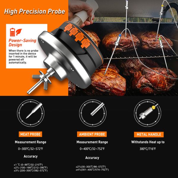 2023 Upgrade Outdoor Digital Wireless Bluetooth Dome Cooking Food Meat Thermometer For Bbq Charcoal Grill And Oven Smoker With 4 Meat Probes