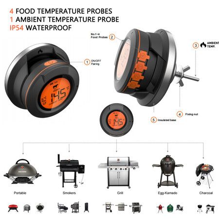 2023 Upgrade Outdoor Digital Wireless Bluetooth Dome Cooking Food Meat Thermometer For Bbq Charcoal Grill And Oven Smoker With 4 Meat Probes