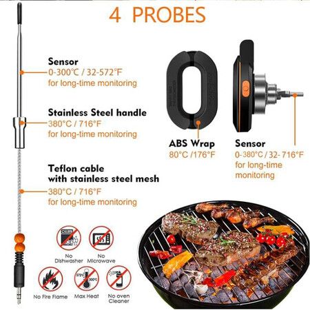 2023 Upgrade Outdoor Digital Wireless Bluetooth Dome Cooking Food Meat Thermometer For Bbq Charcoal Grill And Oven Smoker With 4 Meat Probes