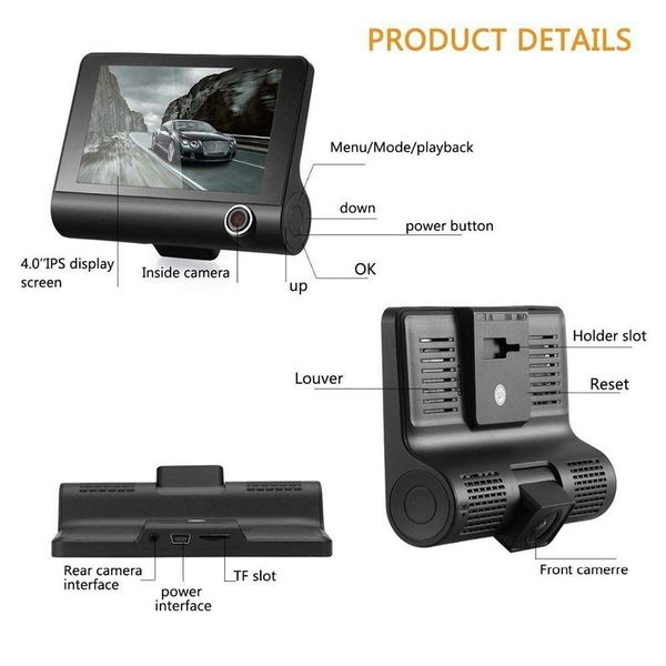 Dash Cam 1080P 3 Channel Front Inside Rear Camera Recorder Night Vision Loop Recording G-Sensor Parking Monitor 4inch Touch Screen