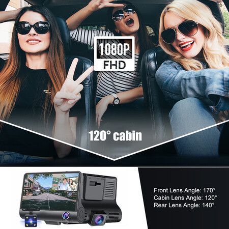 Dash Cam 1080P 3 Channel Front Inside Rear Camera Recorder Night Vision Loop Recording G-Sensor Parking Monitor 4inch Touch Screen