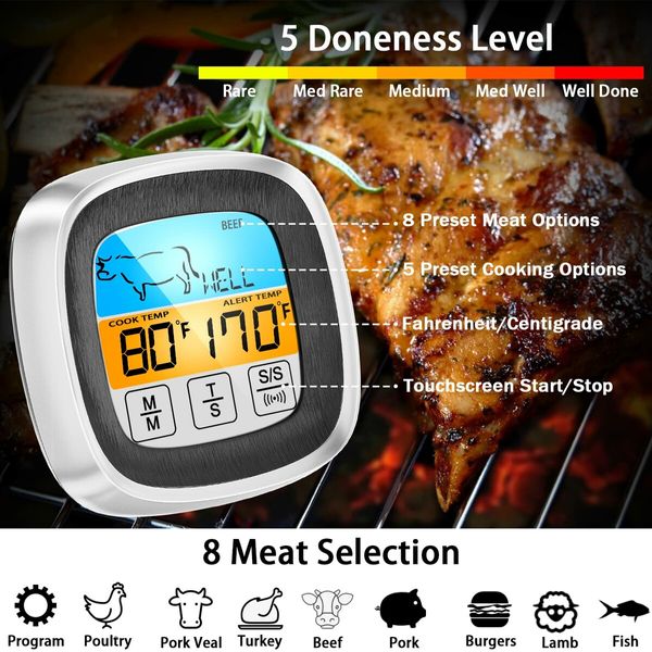 Waterproof Instant Read Digital Meat Thermometer for Meat, Long Probe for Cooking Heat Resistant Weather BBQ LCD Induction Thermometer