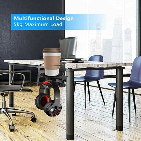 2 in 1 Desk Cup Holder and Headphone Hanger, Anti-Spill Cup Holder for Desk Table in Office and Home (Black)