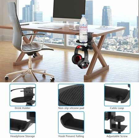 2 in 1 Desk Cup Holder and Headphone Hanger, Anti-Spill Cup Holder for Desk Table in Office and Home (Black)