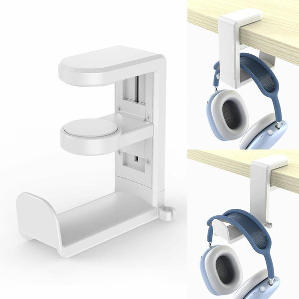 PC Gaming Headset Headphone Hook Holder Hanger Mount, Headphones Stand with Adjustable and Rotating Arm Clamp (White)