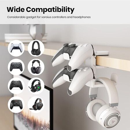 PC Gaming Headset Headphone Hook Holder Hanger Mount, Headphones Stand with Adjustable and Rotating Arm Clamp (White)