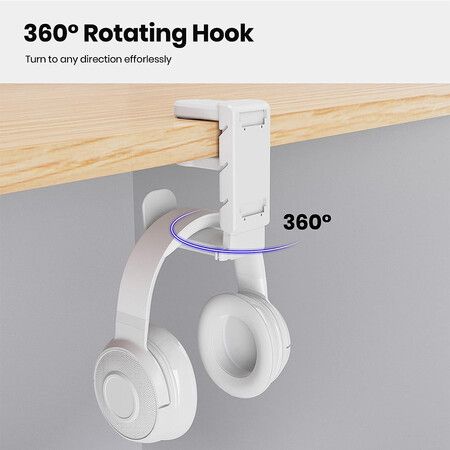 PC Gaming Headset Headphone Hook Holder Hanger Mount, Headphones Stand with Adjustable and Rotating Arm Clamp (White)