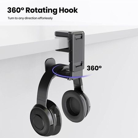 PC Gaming Headset Headphone Hook Holder Hanger Mount, Headphones Stand with Adjustable and Rotating Arm Clamp (Black)