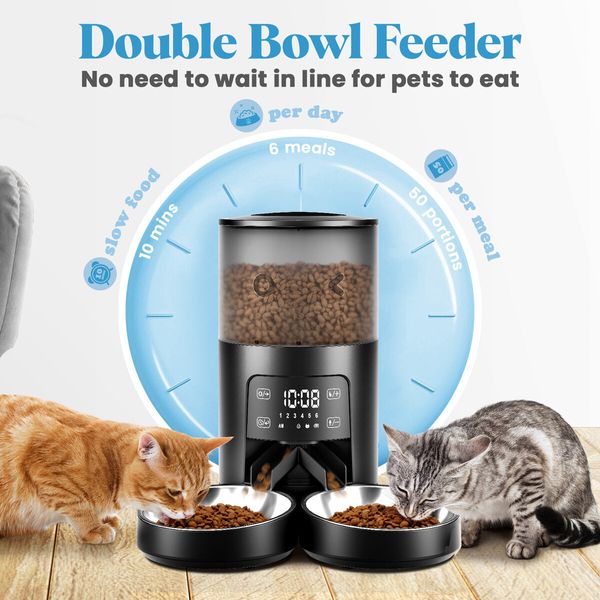 6L Automatic Pet Feeder Auto Timed Dog Cat Dry Food Dispenser Smart Puppy Feeding 2 Way Splitter 2 Bowls Touch Screen Voice Recorder