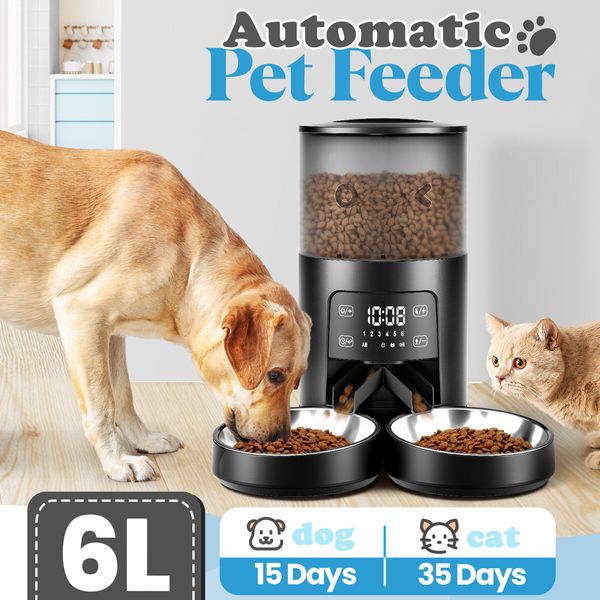 6L Automatic Pet Feeder Auto Timed Dog Cat Dry Food Dispenser Smart Puppy Feeding 2 Way Splitter 2 Bowls Touch Screen Voice Recorder