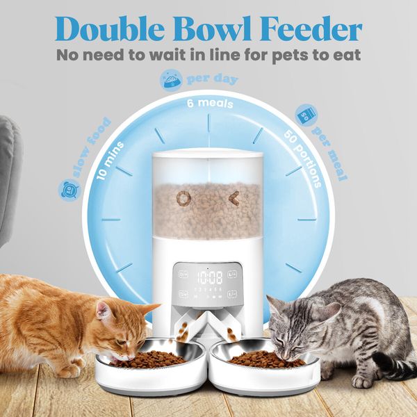 6L Auto Pet Feeder Timed Automatic Dog Cat Food Dispenser Puppy Feeding Schedule 6 Meals 2 Way Splitter 2 Bowls Voice Recorder Digital Touch