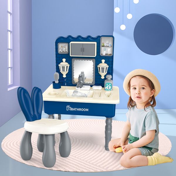 Kids Wash Basin Dresser Sink Bathroom Role Pretend Play Tap Faucet Toys Bath Toiletries Imaginative Automatic Water Circulation Playset