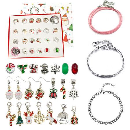 24 Days Christmas Gift Countdown Calendar Gifts,DIY Jewelry Making Kit,2 Charm Bracelets 22 Beads Making Kit for Kids Teens Adult Women(silver)