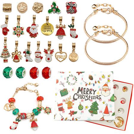 24 Days Christmas Gift Countdown Calendar Gifts,DIY Jewelry Making Kit,2 Charm Bracelets 22 Beads Making Kit for Kids Teens Adult Women(Gold)