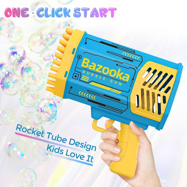 Bubble Gun Rocket Toy Machine Blower Soap Water Maker Launcher Best Gift for Kids Party Birthday LED Light Lithium Blue