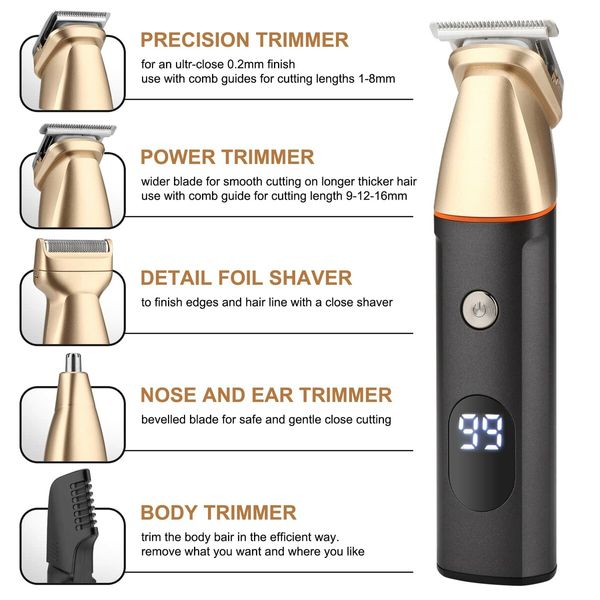 Mens Beard Trimmer 5 in 1 Cordless Hair Trimmer Kit Waterproof Electric Nose Hair Trimmer Body Shaver Grooming Kit LED Display