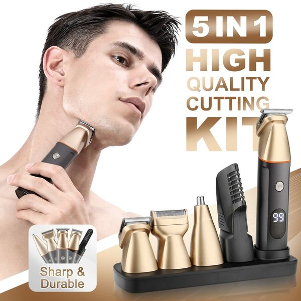 Mens Beard Trimmer 5 in 1 Cordless Hair Trimmer Kit Waterproof Electric Nose Hair Trimmer Body Shaver Grooming Kit LED Display