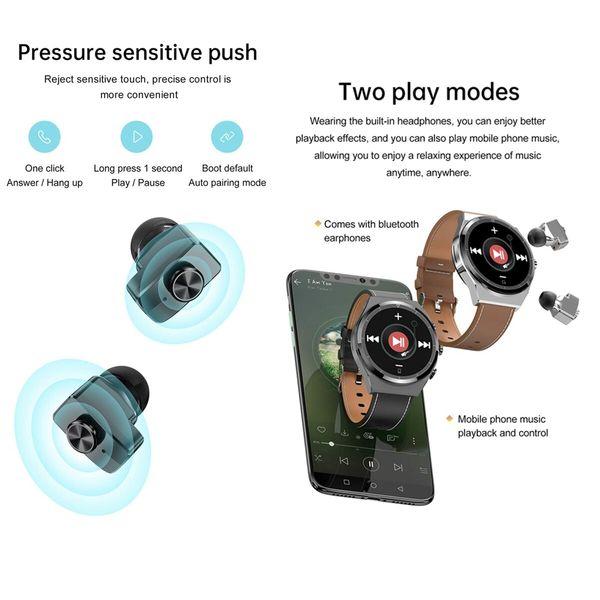 2 in 1 Smart Watch with Earbuds 1.28" Watch TWS HiFi Stereo Wireless Headset Combo Bluetooth Phone Call for Android iOS (Silver)