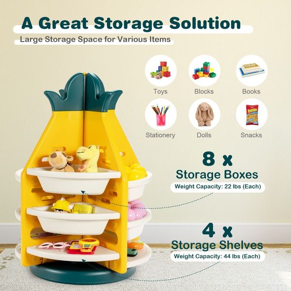 360 degree Revolving Pineapple Shelf with Plastic Bins for Kids