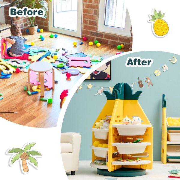 360 degree Revolving Pineapple Shelf with Plastic Bins for Kids