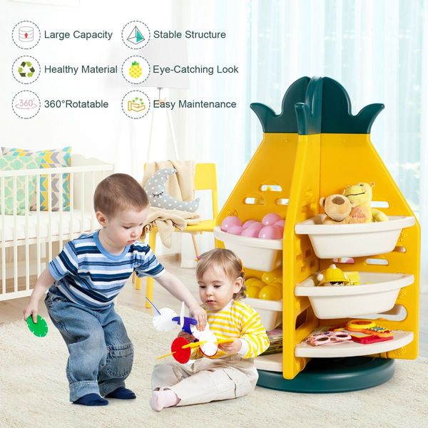 360 degree Revolving Pineapple Shelf with Plastic Bins for Kids