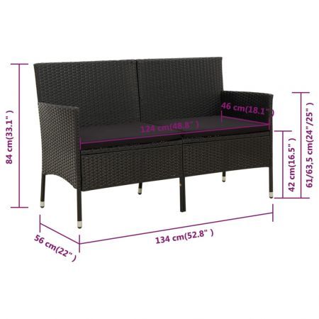 3-Seater Garden Sofa with Cushion Black Poly Rattan