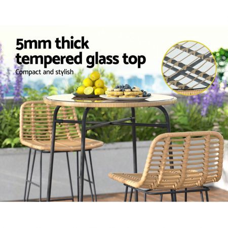 Gardeon Outdoor Bar Table Wicker Dining Bistro Patio Balcony Glass Table Steel