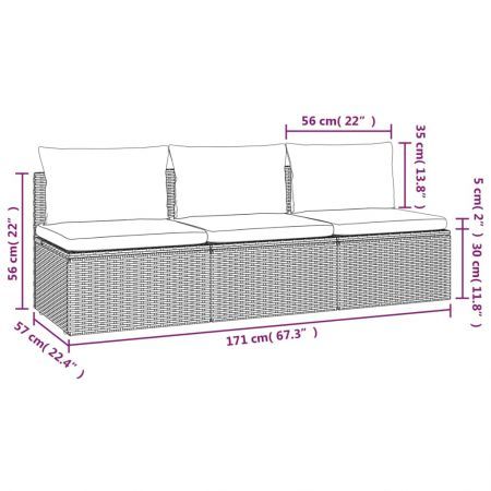 3-Seater Garden Sofa with Cushions Grey Poly Rattan