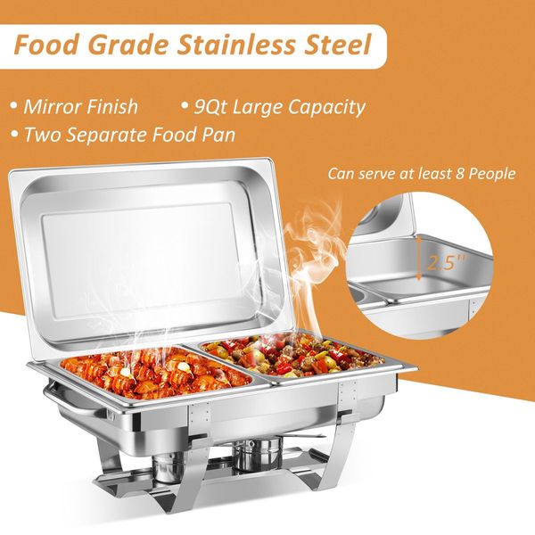 2 Pieces 9L Chafing Dish with 4 Food Pans and Fuel Holders