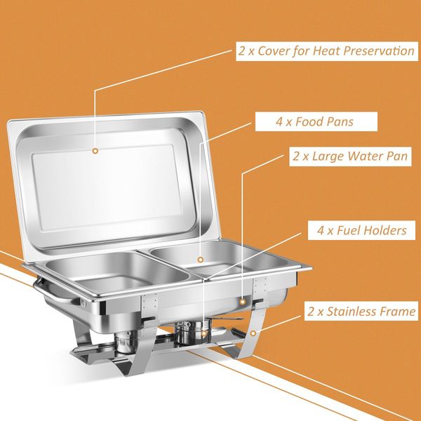 2 Pieces 9L Chafing Dish with 4 Food Pans and Fuel Holders