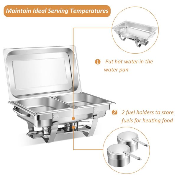 2 Pieces 9L Chafing Dish with 4 Food Pans and Fuel Holders