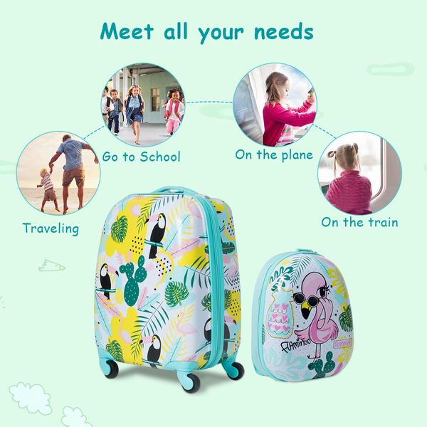 2 Pieces Carry On Luggage Set with Flamingo Pattern for Kids