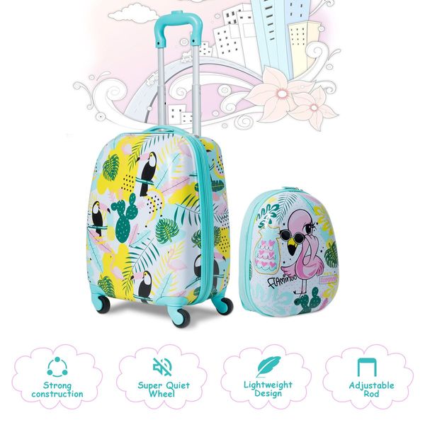 2 Pieces Carry On Luggage Set with Flamingo Pattern for Kids