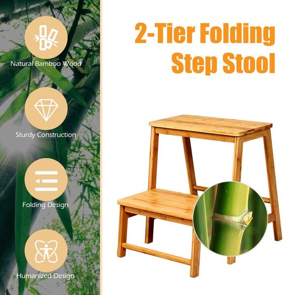 Two-tier Step Stool Foldable Bamboo Step Stool for Climbing Aid