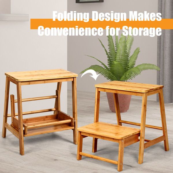 Two-tier Step Stool Foldable Bamboo Step Stool for Climbing Aid