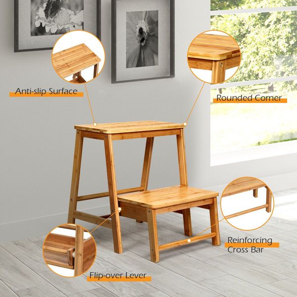 Two-tier Step Stool Foldable Bamboo Step Stool for Climbing Aid