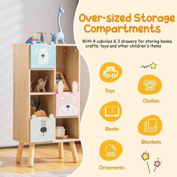 Kids Storage Cabinet with 4 Cubbies & 3 Drawers for Books & Toys