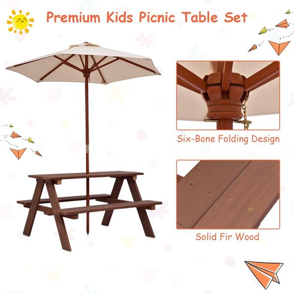 3 in 1 Kids Picnic Table with Removable Umbrella for Garden/ Yard