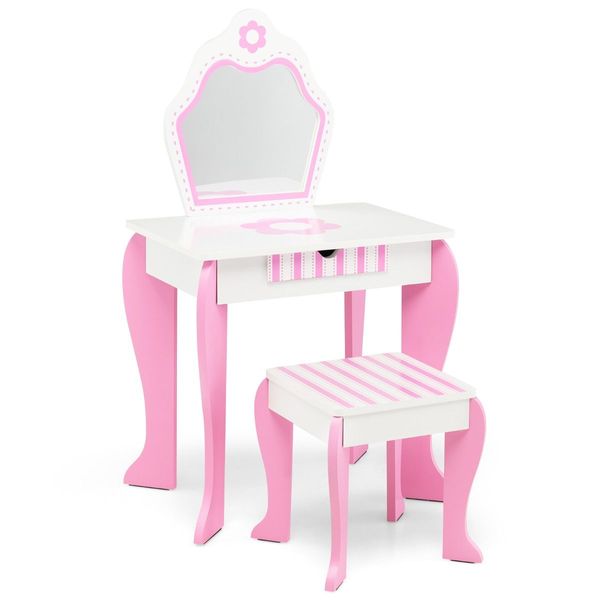 Kids Vanity Table & Stool Set with Mirror & Drawer