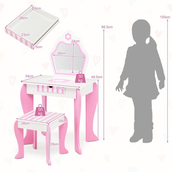 Kids Vanity Table & Stool Set with Mirror & Drawer